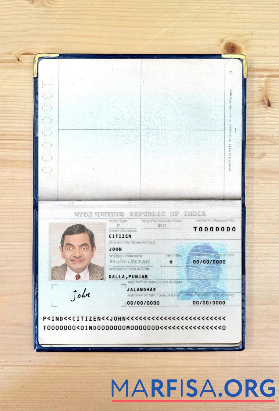 Blank India passport new version 2 pages photolook 1 example